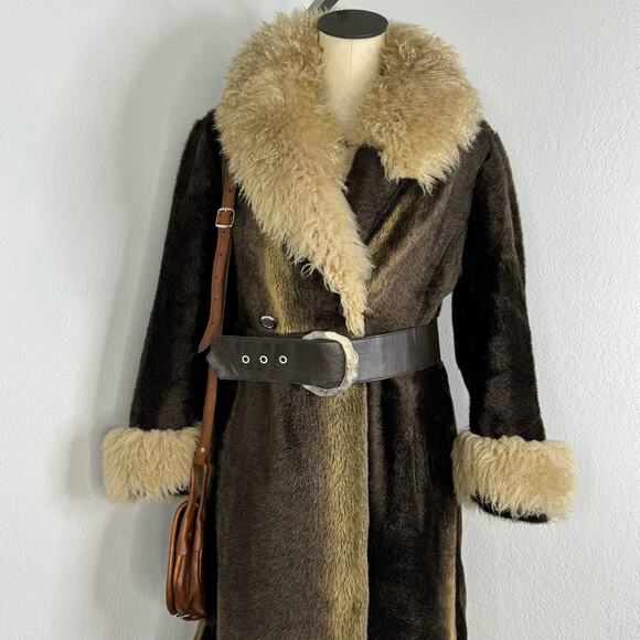 Vintage 1970s Penny Lane Long Brown Coat Faux Fur Size XS-Small - Picture 3 of 8